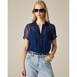 J.Crew Sheer Lace Trim Button-Up Shirt WMNS 8 Blue Dotted Cupro Crinkle Chiffon